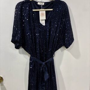 Sequin V-Neck Dress with Belt